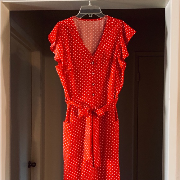 Red Polka Dot Midi Dress Size Lg - Picture 2 of 6